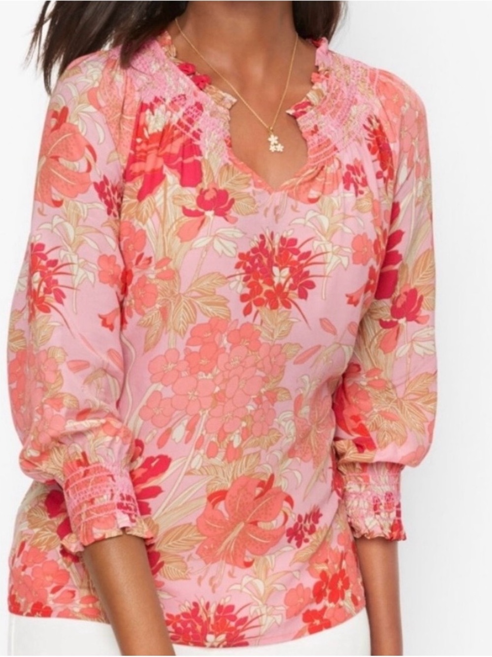 Talbots Coral and Pink Floral Smocked-Neck Blouse